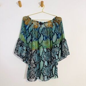 Hale Bob Flowy Snakeskin Relaxed Fit Blue Kimono Sleeve Top Women’s Small